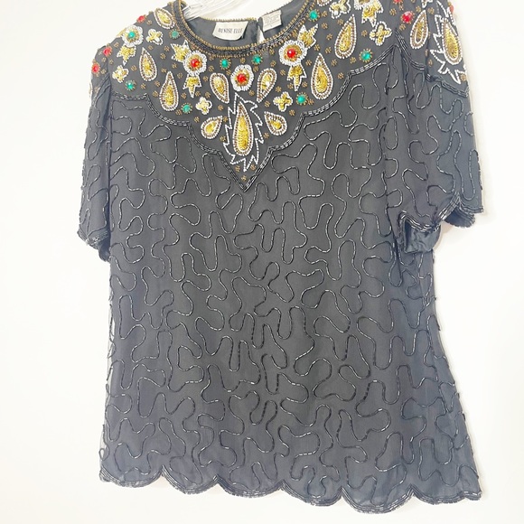 Vintage Jeweled Sequin Beaded Short Sleeve Silk Top Size Large - Picture 3 of 13